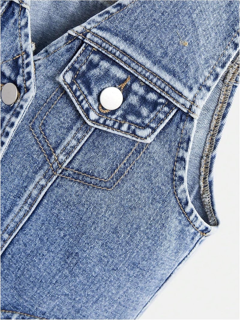 Floerns Girl's Button Down Denim Vest V Neck Sleeveless Asymmetrical Jean Jacket - Image 3
